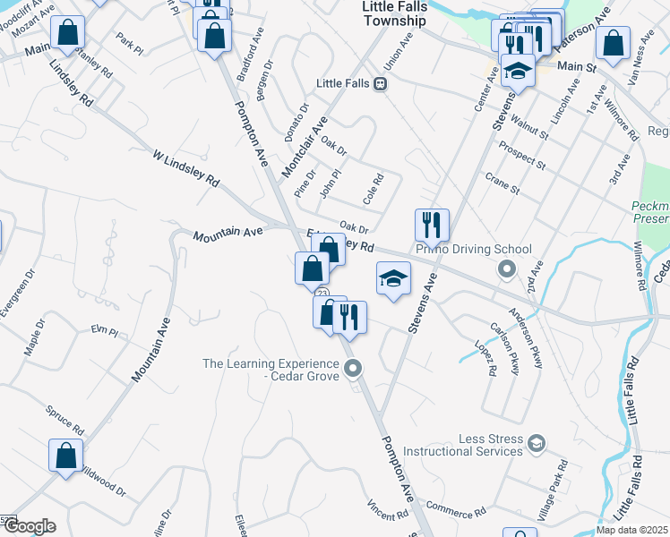 map of restaurants, bars, coffee shops, grocery stores, and more near 1201 Pompton Avenue in Cedar Grove