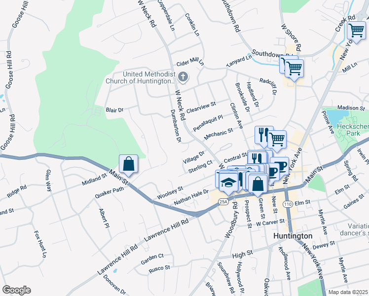 map of restaurants, bars, coffee shops, grocery stores, and more near 2 Bronze Court in Huntington
