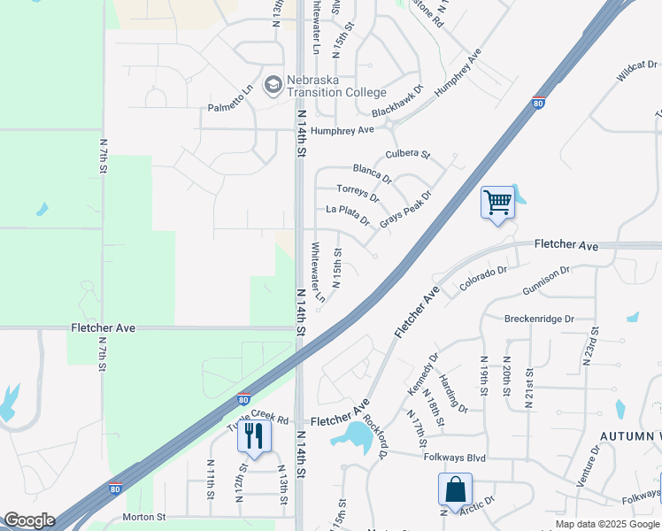 map of restaurants, bars, coffee shops, grocery stores, and more near 6215 North 15th Street in Lincoln