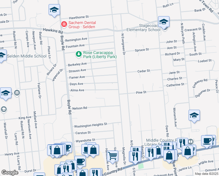 map of restaurants, bars, coffee shops, grocery stores, and more near 11 Alma Avenue in Selden