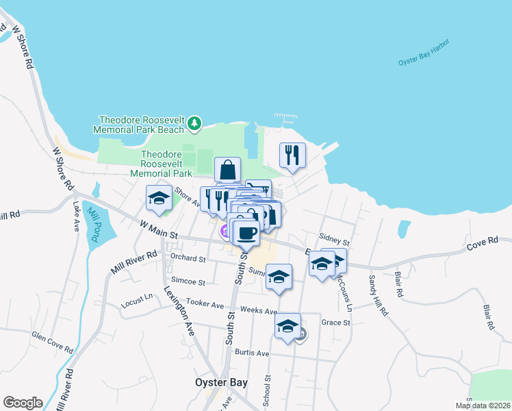 map of restaurants, bars, coffee shops, grocery stores, and more near 60 South Street in Oyster Bay