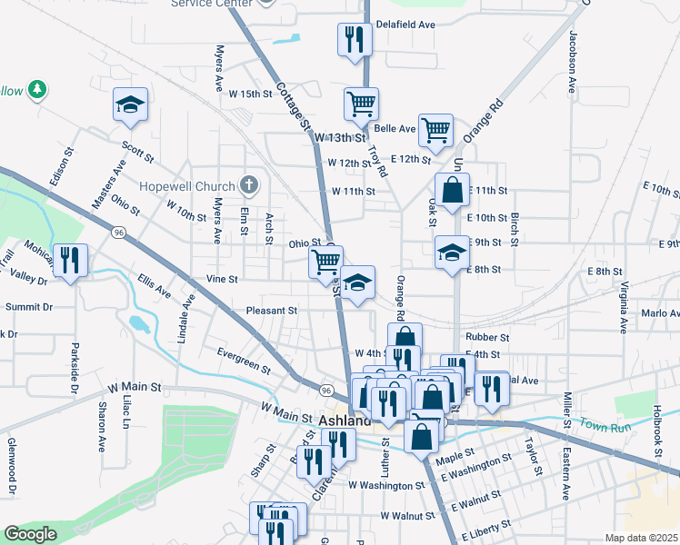 map of restaurants, bars, coffee shops, grocery stores, and more near 629 Cottage Street in Ashland