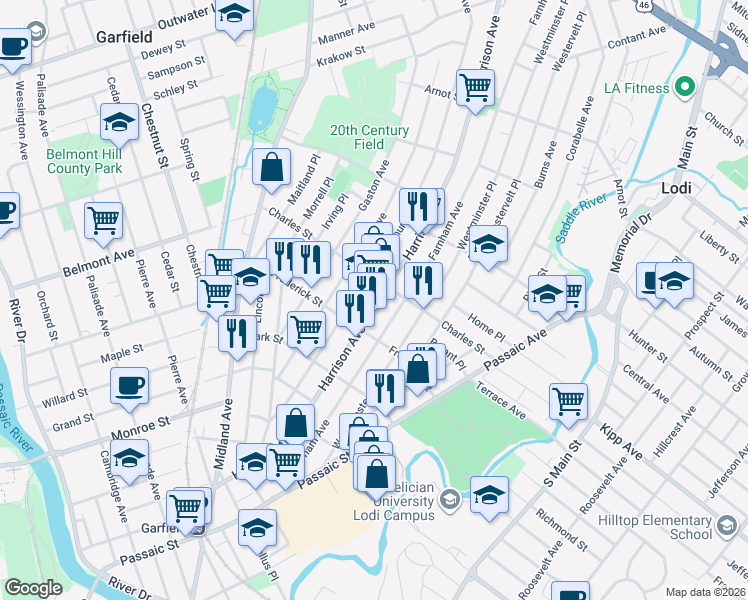 map of restaurants, bars, coffee shops, grocery stores, and more near 209 Harrison Avenue in Garfield