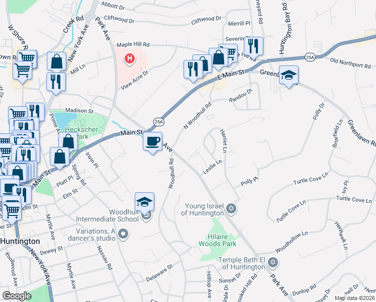 map of restaurants, bars, coffee shops, grocery stores, and more near 478 Park Ave in Huntington