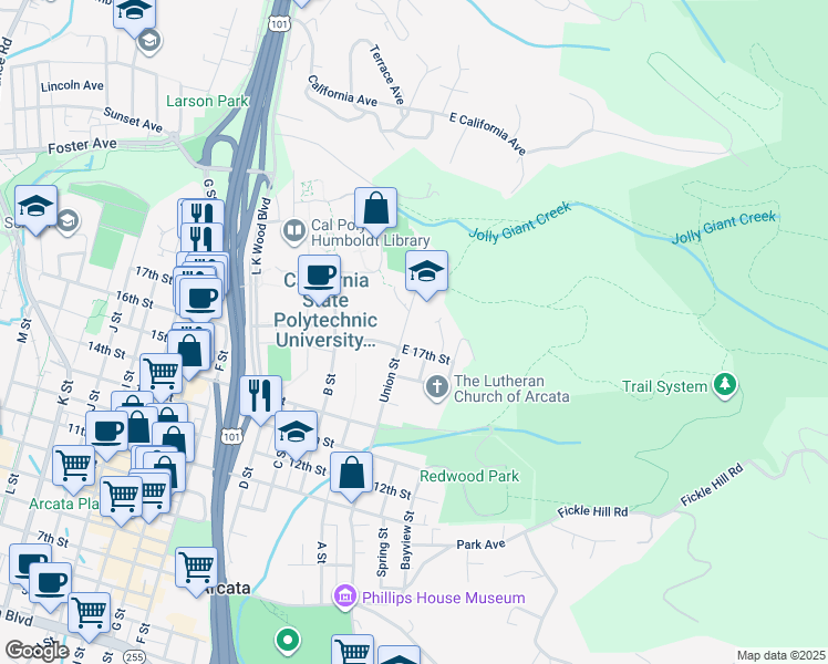 map of restaurants, bars, coffee shops, grocery stores, and more near 1700 Union Street in Arcata