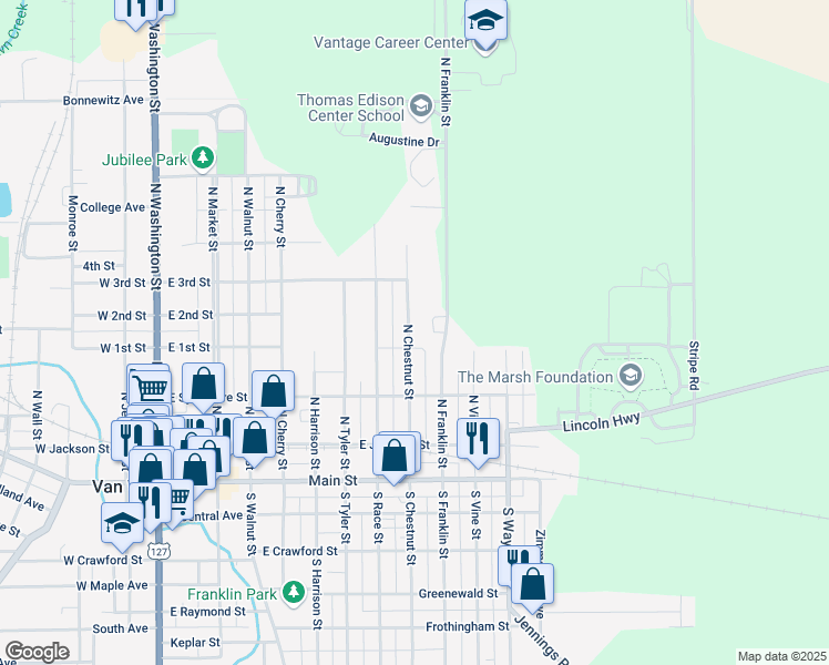 map of restaurants, bars, coffee shops, grocery stores, and more near 408 North Chestnut Street in Van Wert