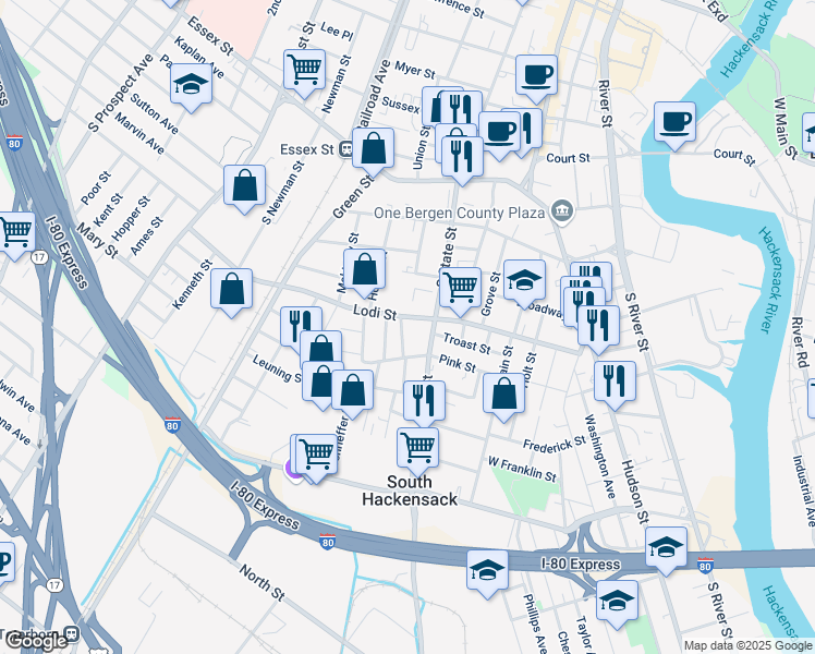 map of restaurants, bars, coffee shops, grocery stores, and more near 149-151 South State Street in Hackensack