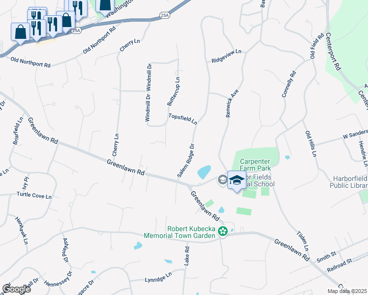 map of restaurants, bars, coffee shops, grocery stores, and more near 7 Salem Ridge Drive in Huntington