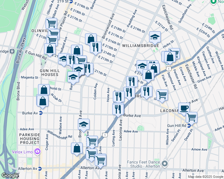 map of restaurants, bars, coffee shops, grocery stores, and more near 3320 Hone Avenue in Bronx