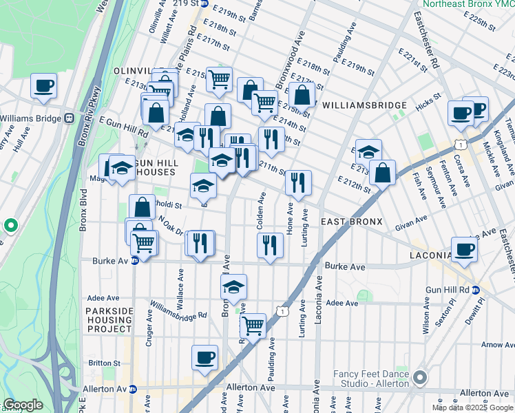 map of restaurants, bars, coffee shops, grocery stores, and more near 3312 Radcliff Avenue in The Bronx