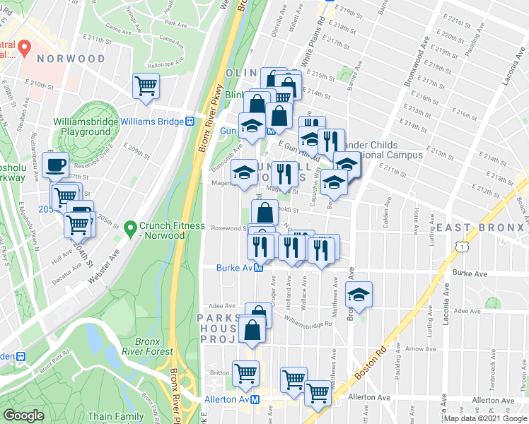 map of restaurants, bars, coffee shops, grocery stores, and more near 725 North Oak Drive in Bronx