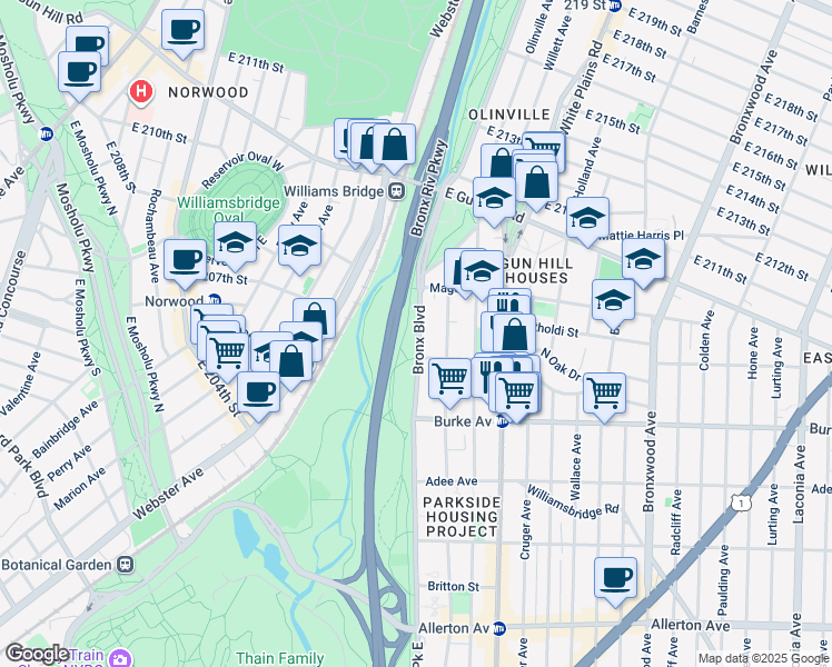 map of restaurants, bars, coffee shops, grocery stores, and more near 3250 Bronx Boulevard in Bronx