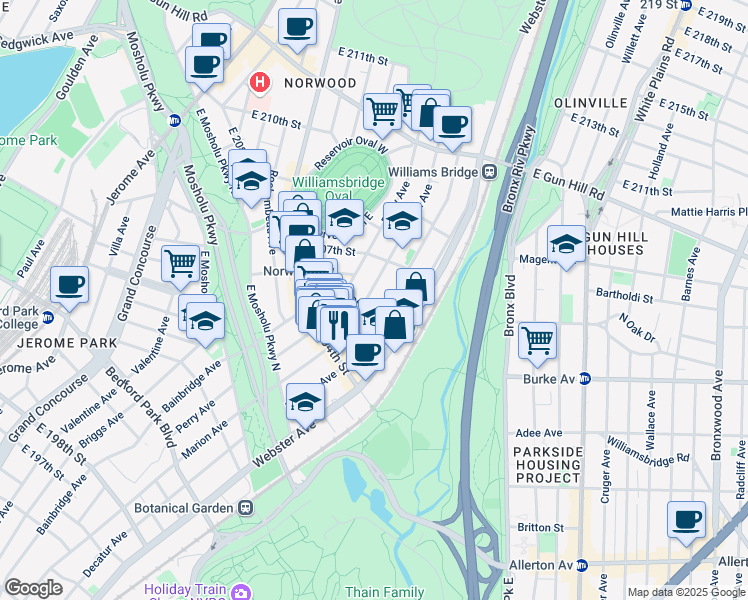 map of restaurants, bars, coffee shops, grocery stores, and more near in The Bronx