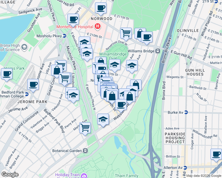 map of restaurants, bars, coffee shops, grocery stores, and more near in The Bronx