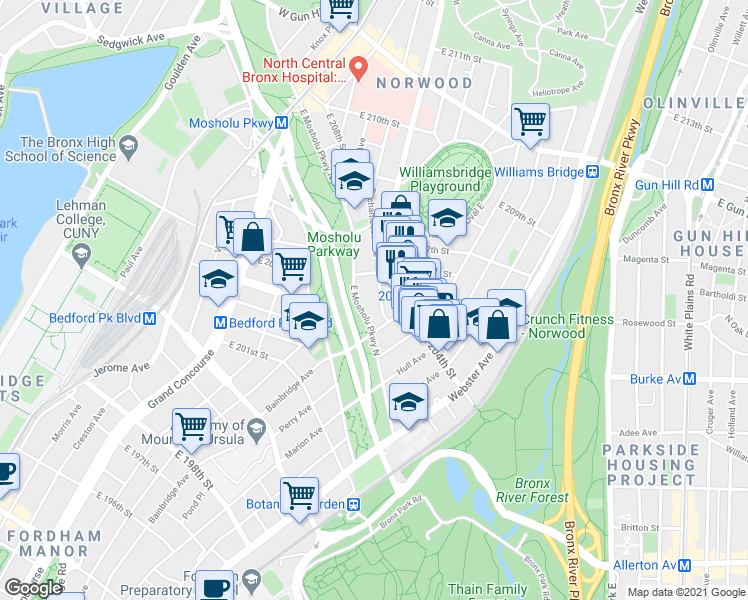 map of restaurants, bars, coffee shops, grocery stores, and more near in The Bronx