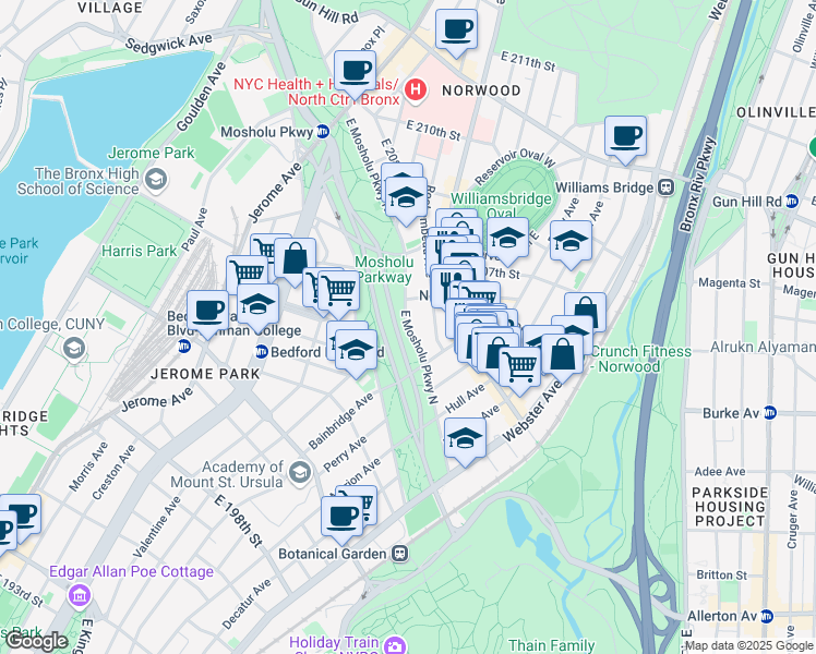 map of restaurants, bars, coffee shops, grocery stores, and more near in Bronx