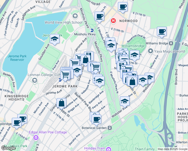 map of restaurants, bars, coffee shops, grocery stores, and more near 265 East 203rd Street in Bronx