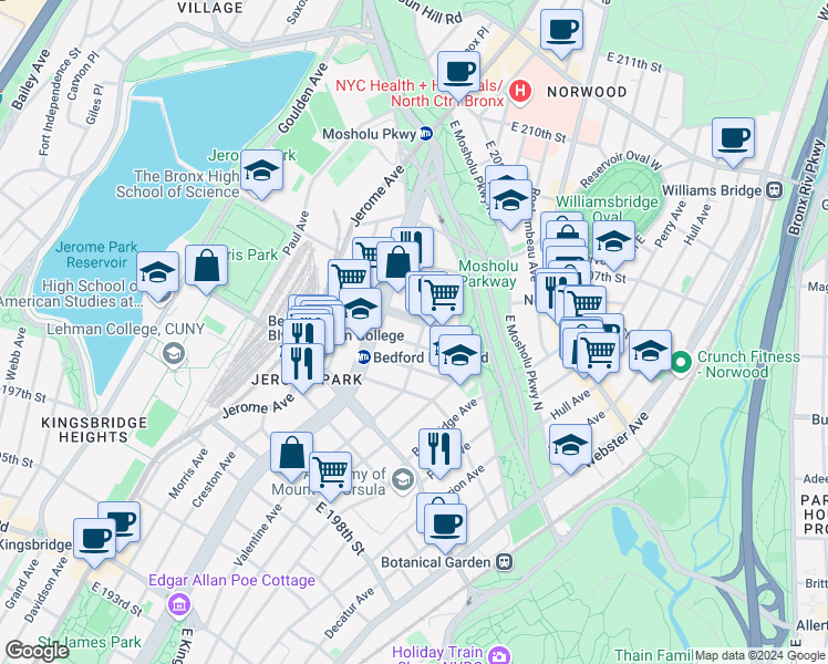 map of restaurants, bars, coffee shops, grocery stores, and more near 234 East 203rd Street in Bronx