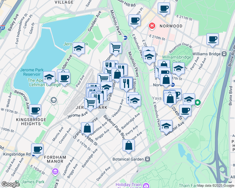 map of restaurants, bars, coffee shops, grocery stores, and more near 234 East 203rd Street in Bronx