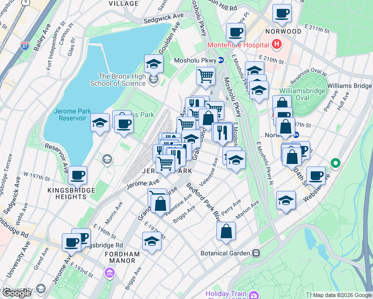 map of restaurants, bars, coffee shops, grocery stores, and more near in The Bronx