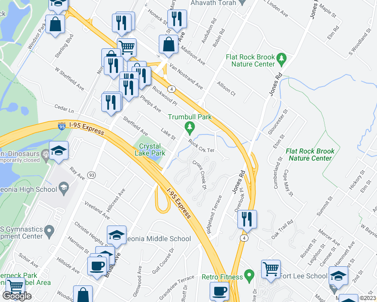 map of restaurants, bars, coffee shops, grocery stores, and more near 56 Gentry Drive in Englewood