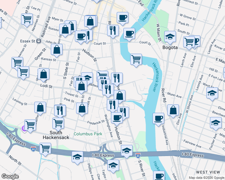 map of restaurants, bars, coffee shops, grocery stores, and more near 4 Marion Street in Hackensack