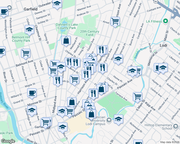 map of restaurants, bars, coffee shops, grocery stores, and more near 209 Harrison Avenue in Garfield