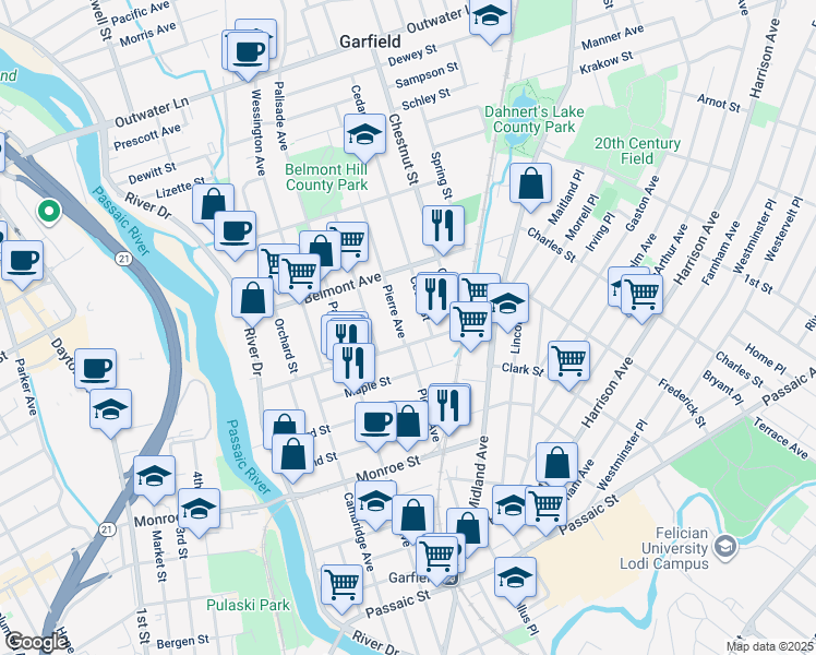 map of restaurants, bars, coffee shops, grocery stores, and more near 143 Pierre Avenue in Garfield