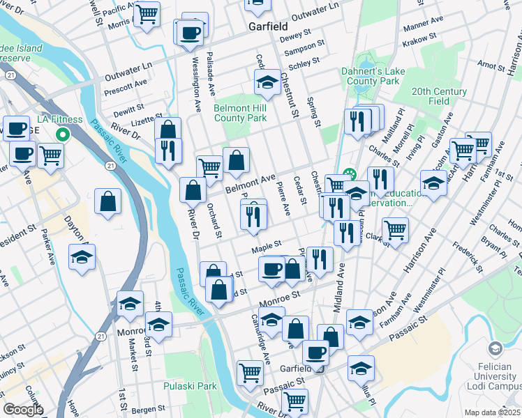 map of restaurants, bars, coffee shops, grocery stores, and more near 13 Summit Avenue in Garfield