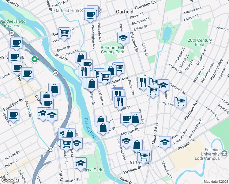 map of restaurants, bars, coffee shops, grocery stores, and more near 26 Wessington Avenue in Garfield