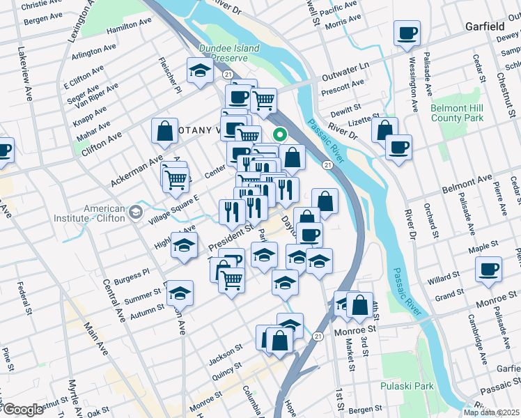 map of restaurants, bars, coffee shops, grocery stores, and more near 106 President Street in Passaic