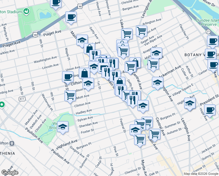 map of restaurants, bars, coffee shops, grocery stores, and more near 19 DeMott Avenue in Clifton