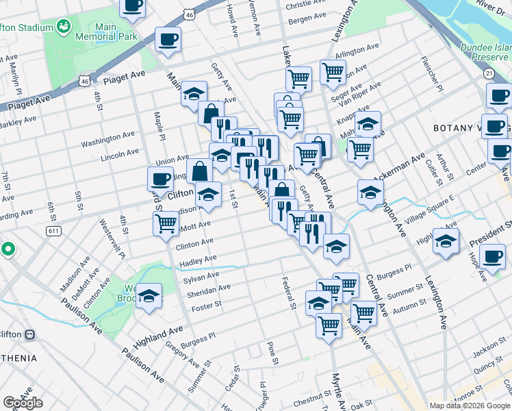 map of restaurants, bars, coffee shops, grocery stores, and more near 19 DeMott Avenue in Clifton
