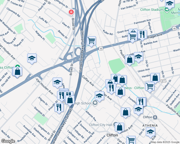 map of restaurants, bars, coffee shops, grocery stores, and more near 36 Barrister Street in Clifton