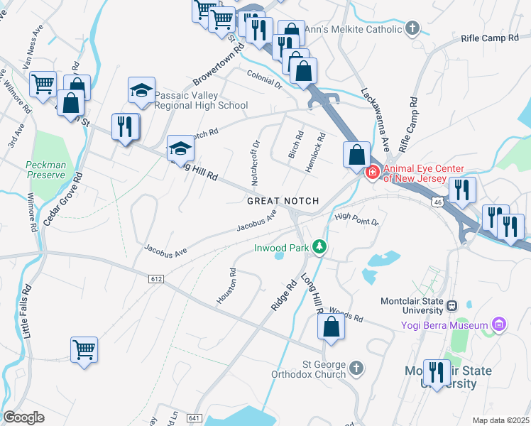 map of restaurants, bars, coffee shops, grocery stores, and more near 10 Jacobus Avenue in Little Falls
