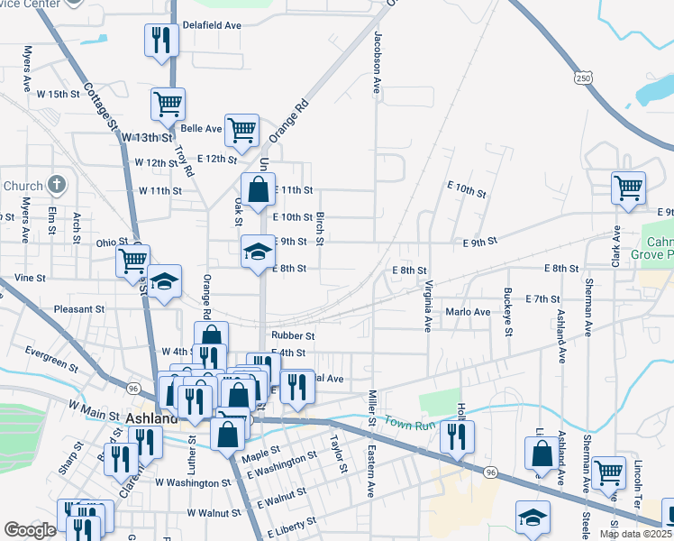 map of restaurants, bars, coffee shops, grocery stores, and more near 317 East 8th Street in Ashland