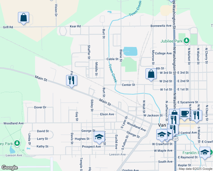 map of restaurants, bars, coffee shops, grocery stores, and more near 123-199 Burt Street in Van Wert