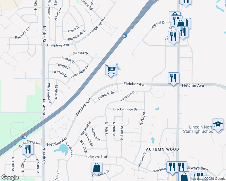 map of restaurants, bars, coffee shops, grocery stores, and more near 2111 Colorado Drive in Lincoln