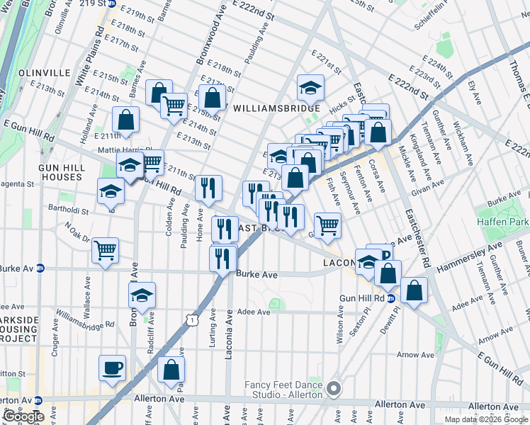 map of restaurants, bars, coffee shops, grocery stores, and more near 3300 Boston Road in The Bronx