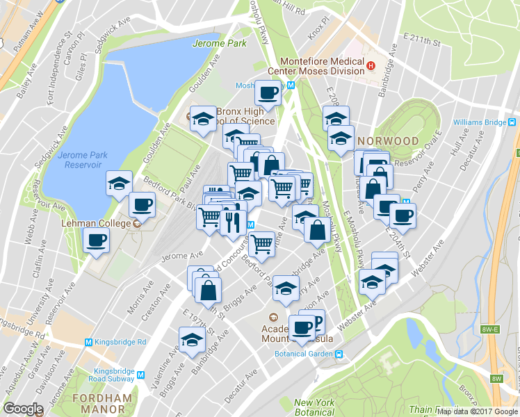 map of restaurants, bars, coffee shops, grocery stores, and more near Grand Concourse & E 203rd St in Bronx