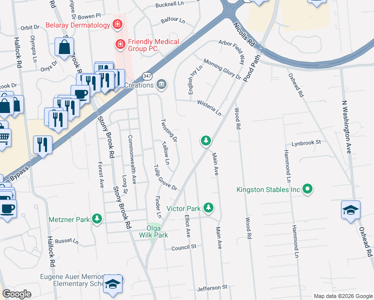 map of restaurants, bars, coffee shops, grocery stores, and more near 6 Park View Lane in Lake Grove