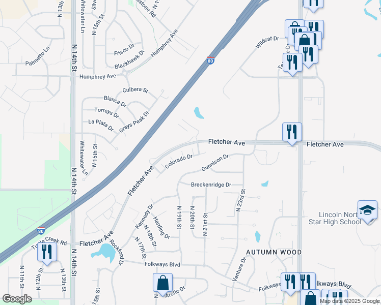 map of restaurants, bars, coffee shops, grocery stores, and more near 2111 Colorado Drive in Lincoln
