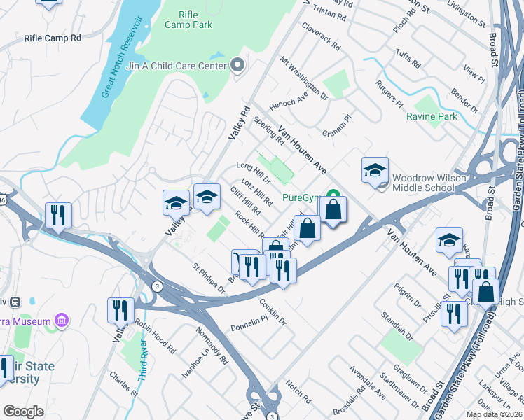 map of restaurants, bars, coffee shops, grocery stores, and more near 13 Cliff Hill Road in Clifton