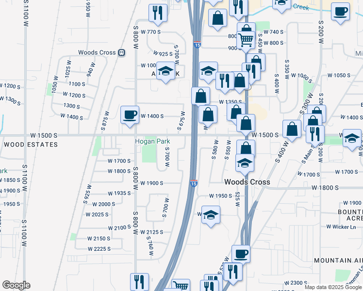 map of restaurants, bars, coffee shops, grocery stores, and more near 1654 Sorrento Drive in Woods Cross