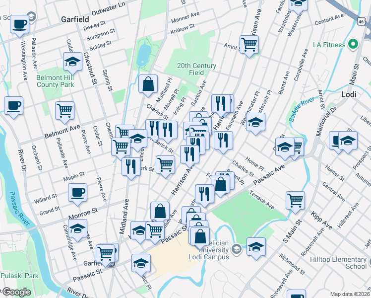 map of restaurants, bars, coffee shops, grocery stores, and more near 209 Harrison Avenue in Garfield