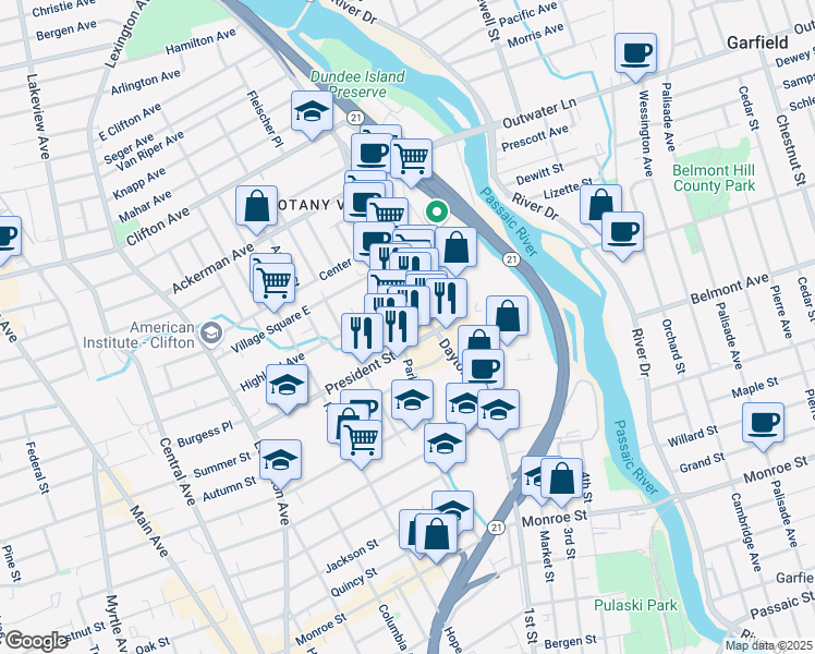map of restaurants, bars, coffee shops, grocery stores, and more near 106 President Street in Passaic