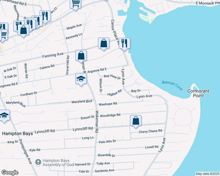 map of restaurants, bars, coffee shops, grocery stores, and more near 8 Tramposh Lane in Hampton Bays
