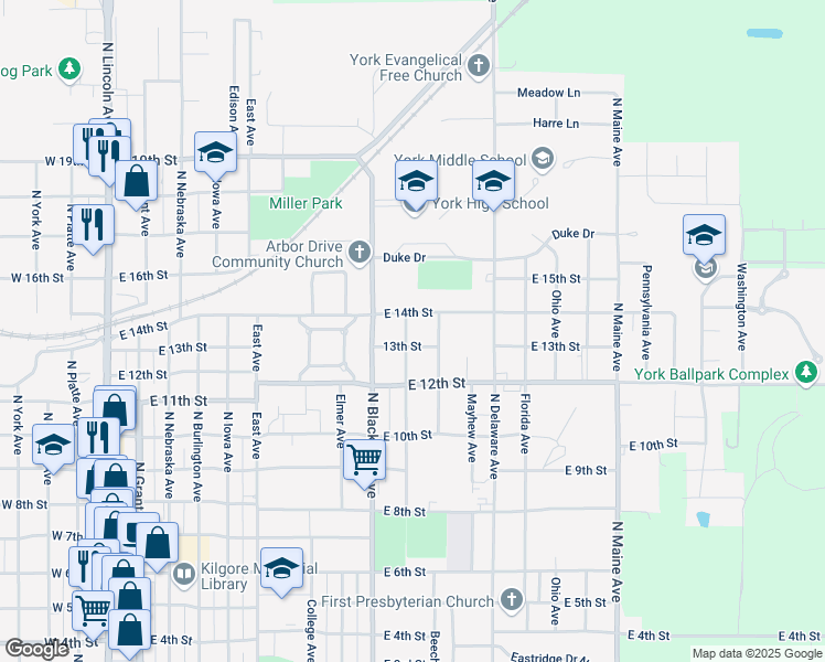 map of restaurants, bars, coffee shops, grocery stores, and more near 1302 Kiplinger Avenue in York