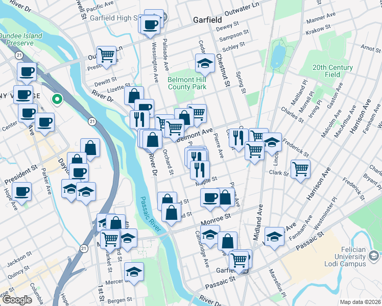 map of restaurants, bars, coffee shops, grocery stores, and more near 26 Wessington Avenue in Garfield