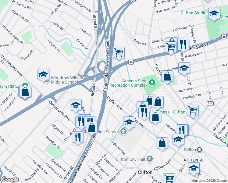map of restaurants, bars, coffee shops, grocery stores, and more near in Clifton